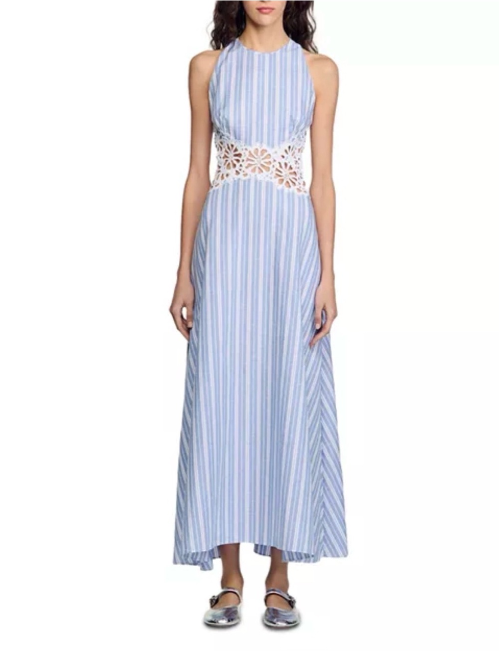 Sandro Paris Majorelle Maxi Linen Dress Open Back Lace Blue White 38/m $520